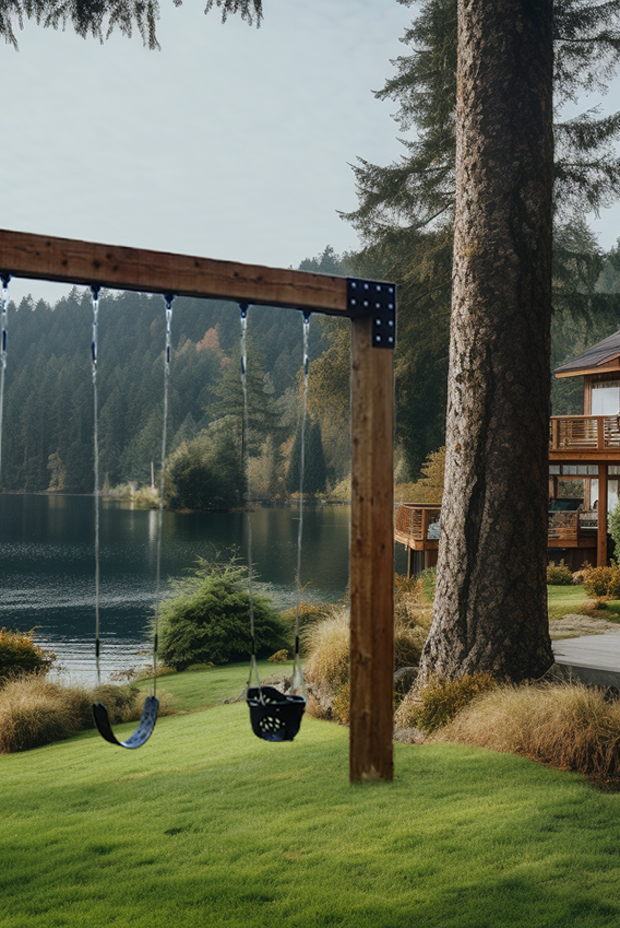 Saltair swing company saltair summit single post custom wood swing set at cabin home by a lake