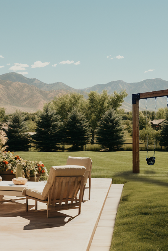 Saltair swing company saltair summit single post custom wood swing set in a utah yard by mountains and trees
