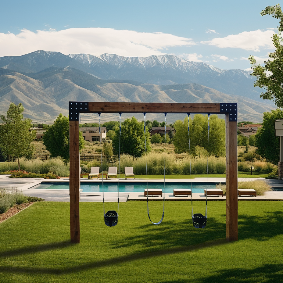 Saltair swing company saltair summit single post custom wood swing set in beautiful yard by a pool