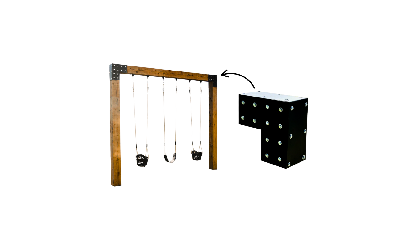 DIY 8x8 single-post inground swing set with heavy-duty brackets, wood posts, and three swings installed