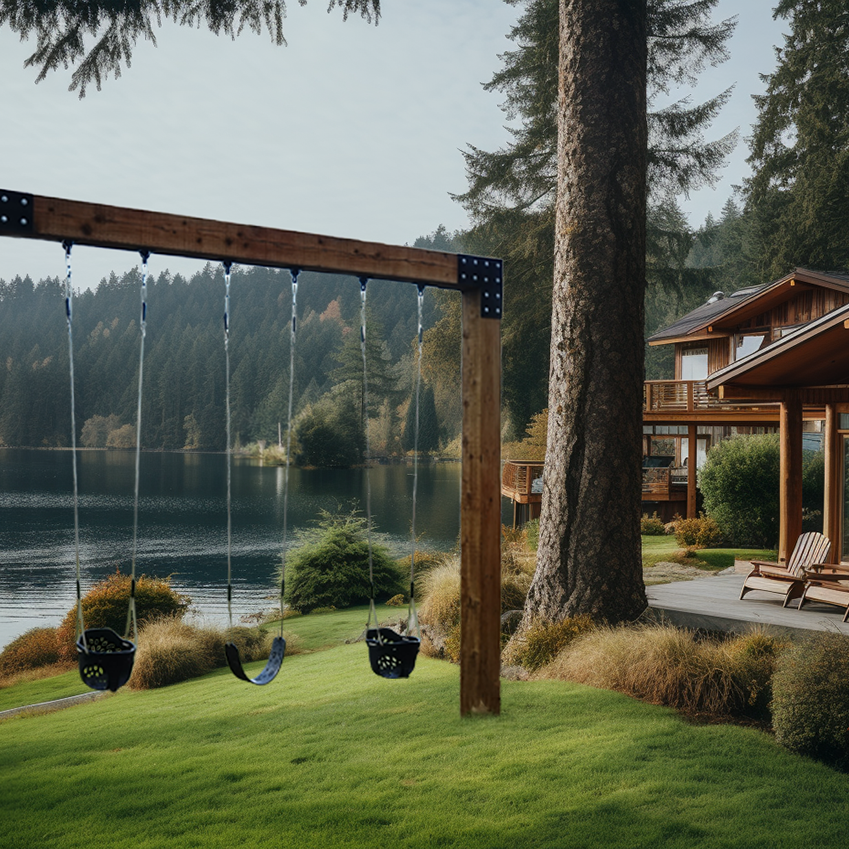 Saltair swing company saltair summit single post custom wood swing set at cabin home by a lake