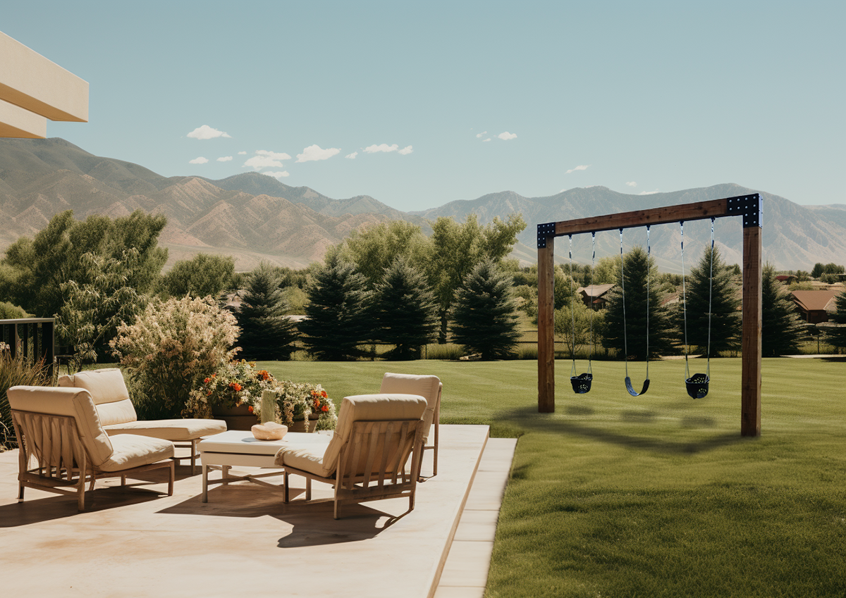 Saltair swing company saltair summit single post custom wood swing set in a utah yard by mountains and trees