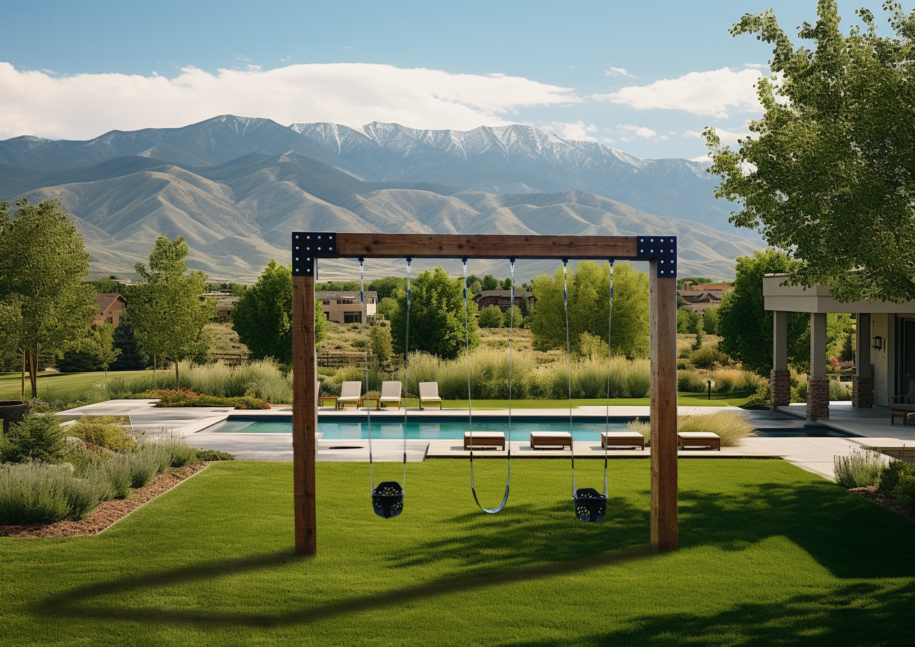 Saltair swing company saltair summit single post custom wood swing set in beautiful yard by a pool