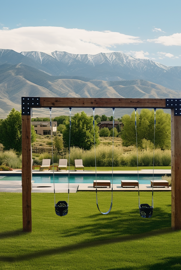 Saltair swing company saltair summit single post custom wood swing set in beautiful yard by a pool